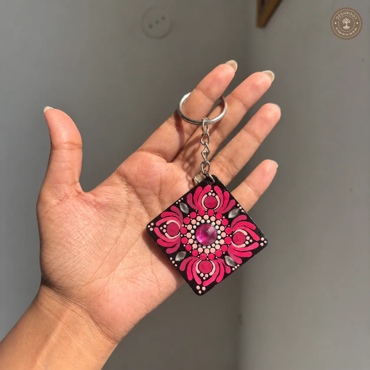 Pink Lotus Bloom Hand-Painted Resin Mandala Keychain