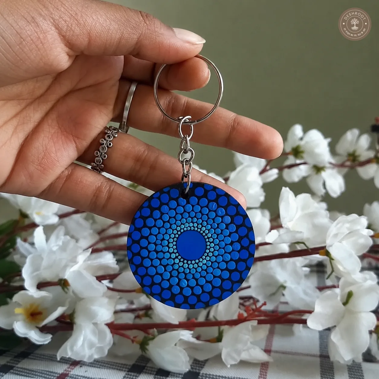 Midnight Blue Dot Mandala Hand-Painted Resin Keychain