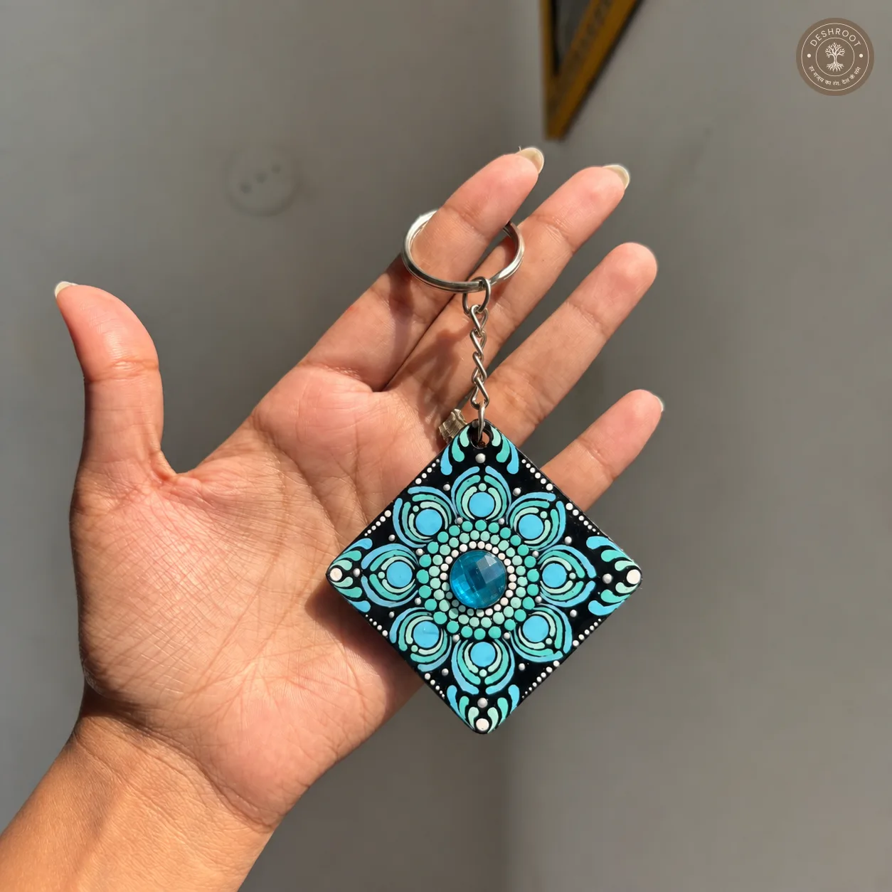 Aqua Bloom Hand-Painted Resin Mandala Keychain