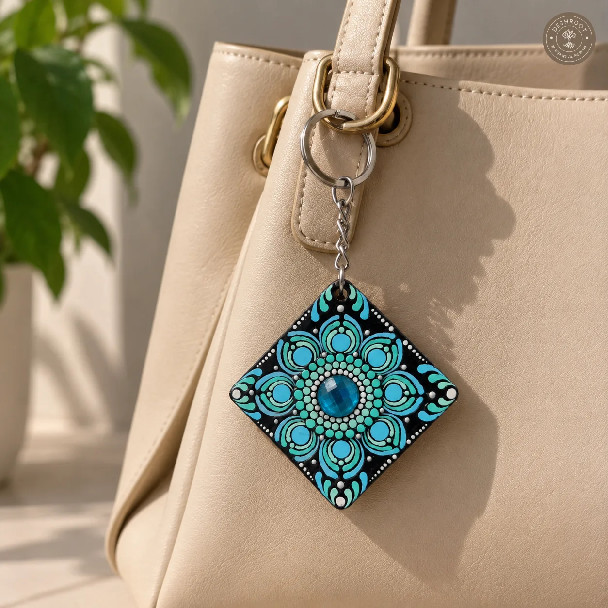 Aqua Bloom Hand-Painted Resin Mandala Keychain