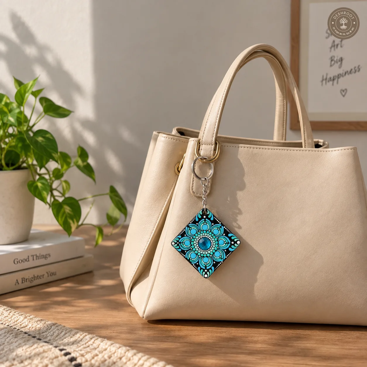 Aqua Bloom Hand-Painted Resin Mandala Keychain