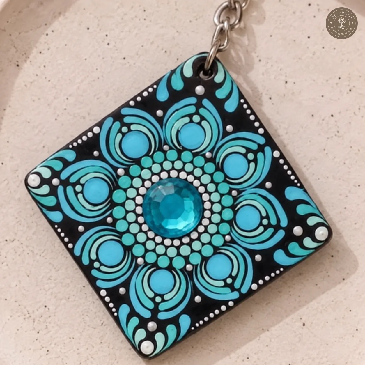 Aqua Bloom Hand-Painted Resin Mandala Keychain