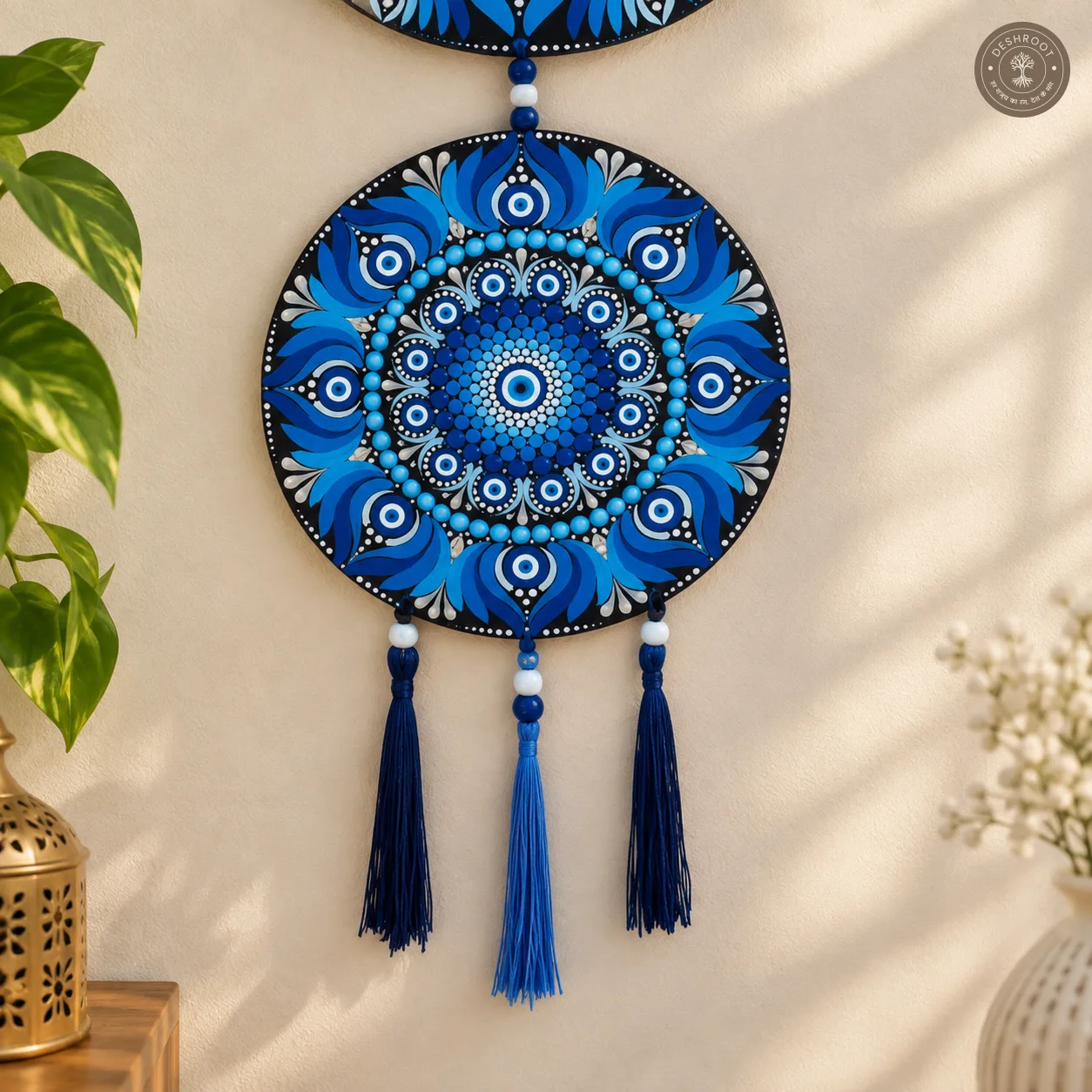 Hand-Painted Three-Tier Evil Eye Mandala Wall Hanging with Beads & Tassels