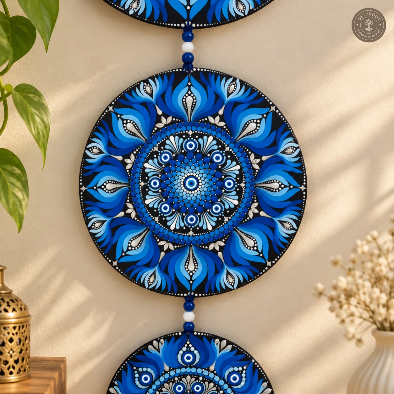 Hand-Painted Three-Tier Evil Eye Mandala Wall Hanging with Beads & Tassels
