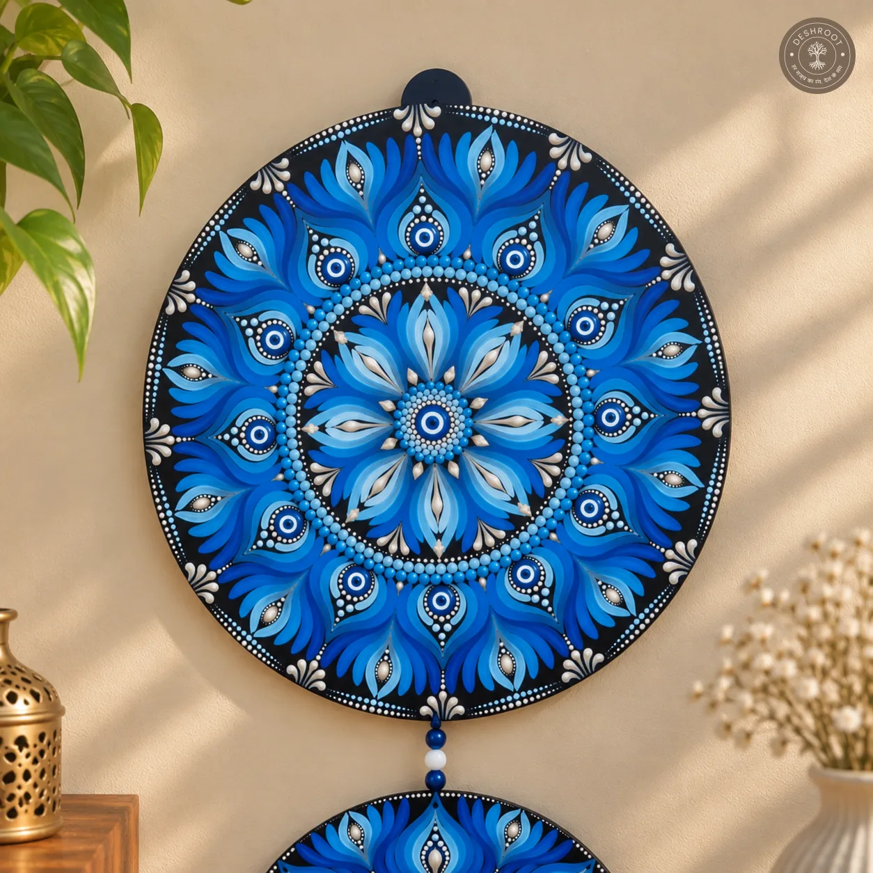 Hand-Painted Three-Tier Evil Eye Mandala Wall Hanging with Beads & Tassels