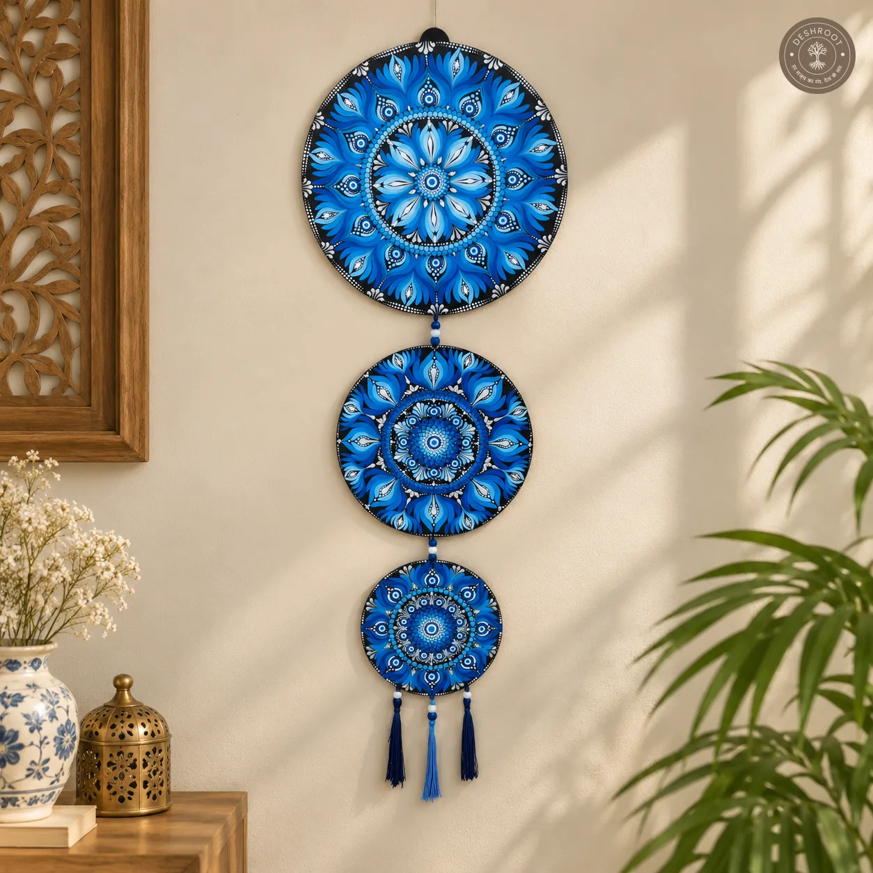 Hand-Painted Three-Tier Evil Eye Mandala Wall Hanging with Beads & Tassels