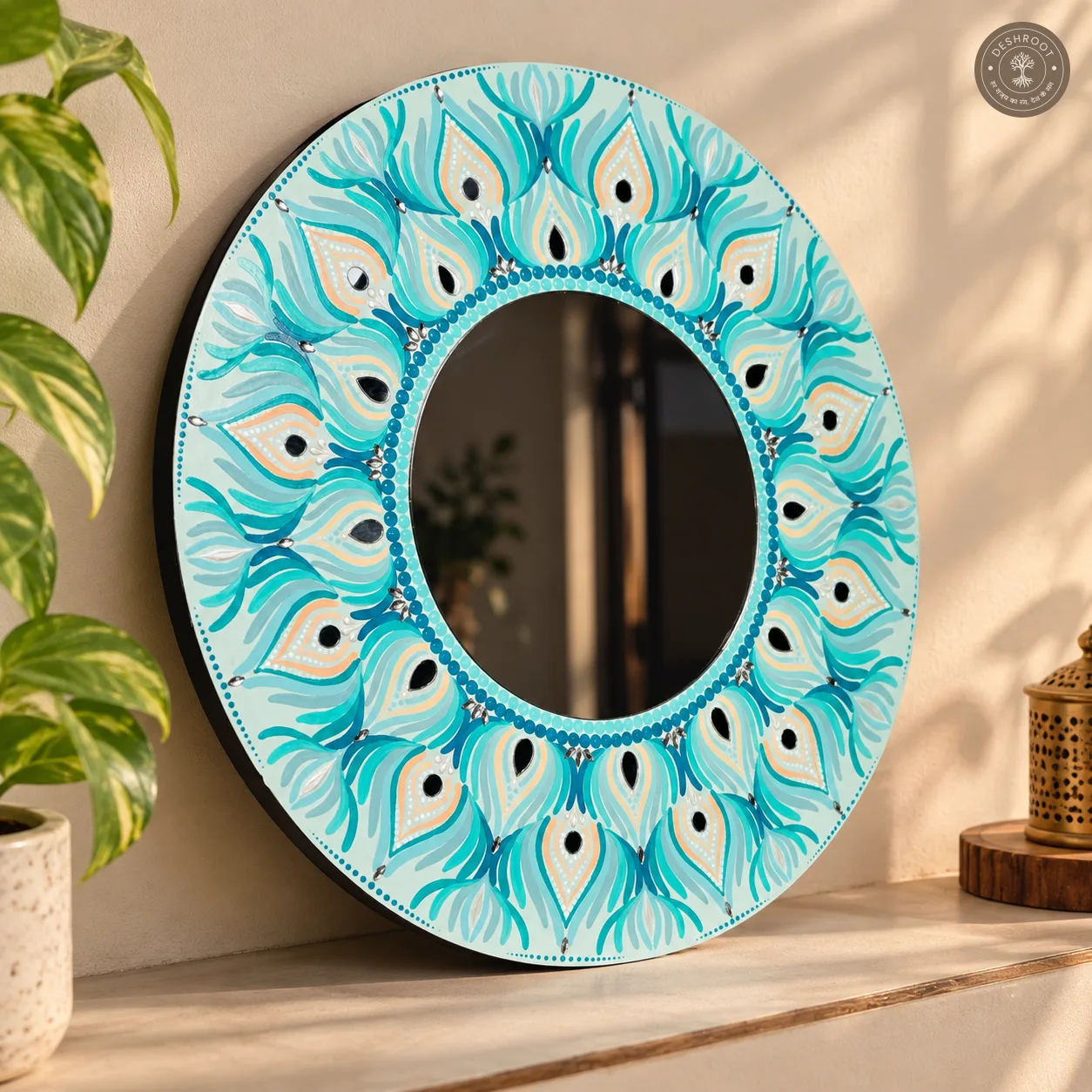 Ocean Bloom Hand-Painted Teal Mandala Mirror