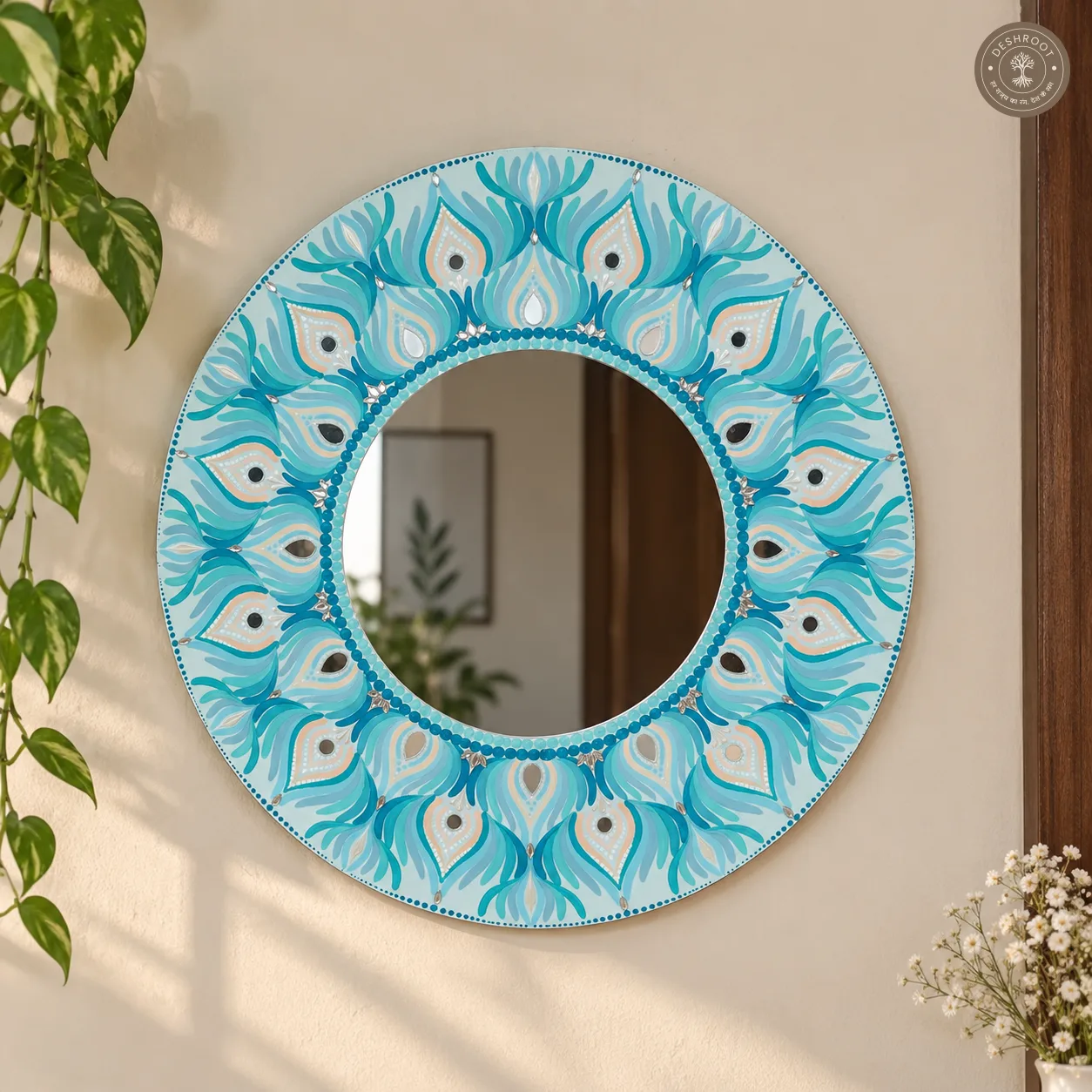 Ocean Bloom Hand-Painted Teal Mandala Mirror