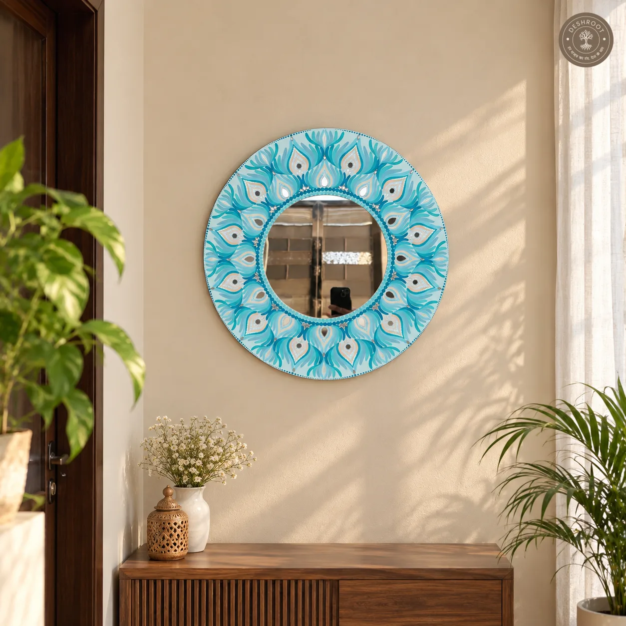Ocean Bloom Hand-Painted Teal Mandala Mirror