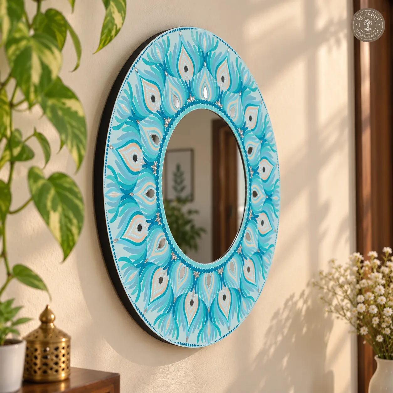 Ocean Bloom Hand-Painted Teal Mandala Mirror