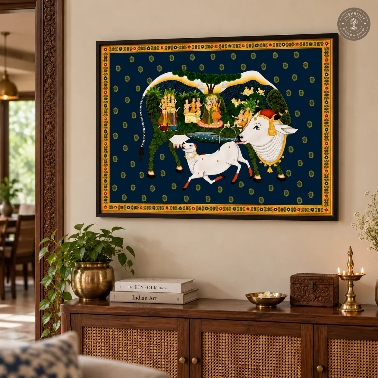 Kamadhenu Cow with Krishna Raas Leela Pichwai Painting