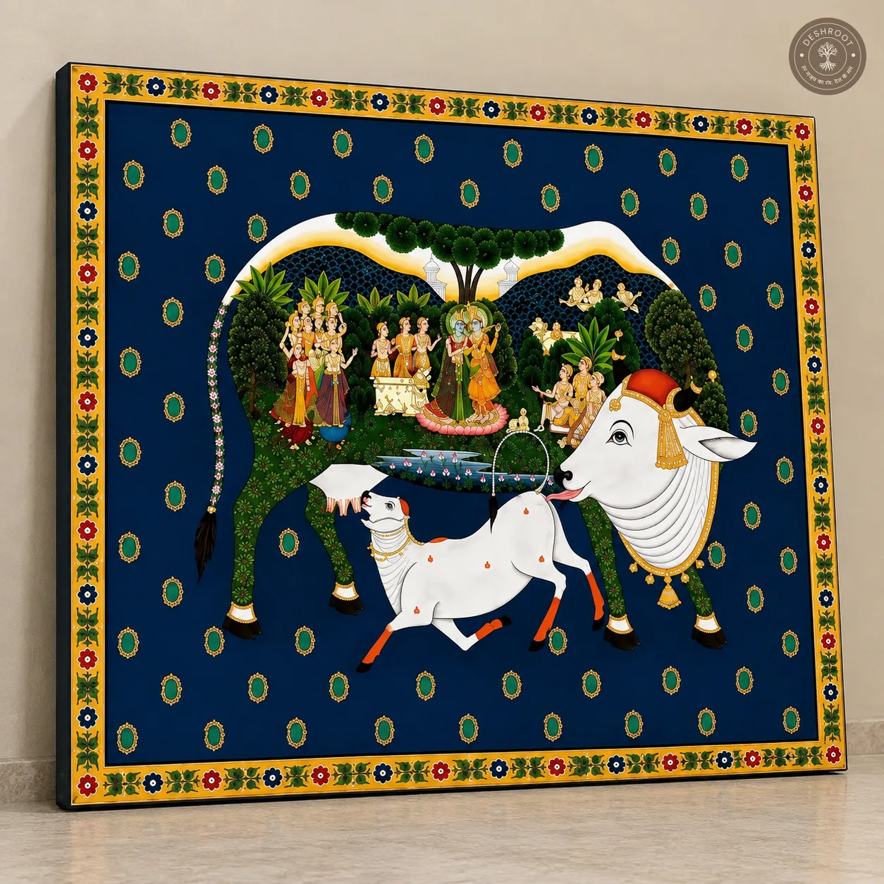 Kamadhenu Cow with Krishna Raas Leela Pichwai Painting