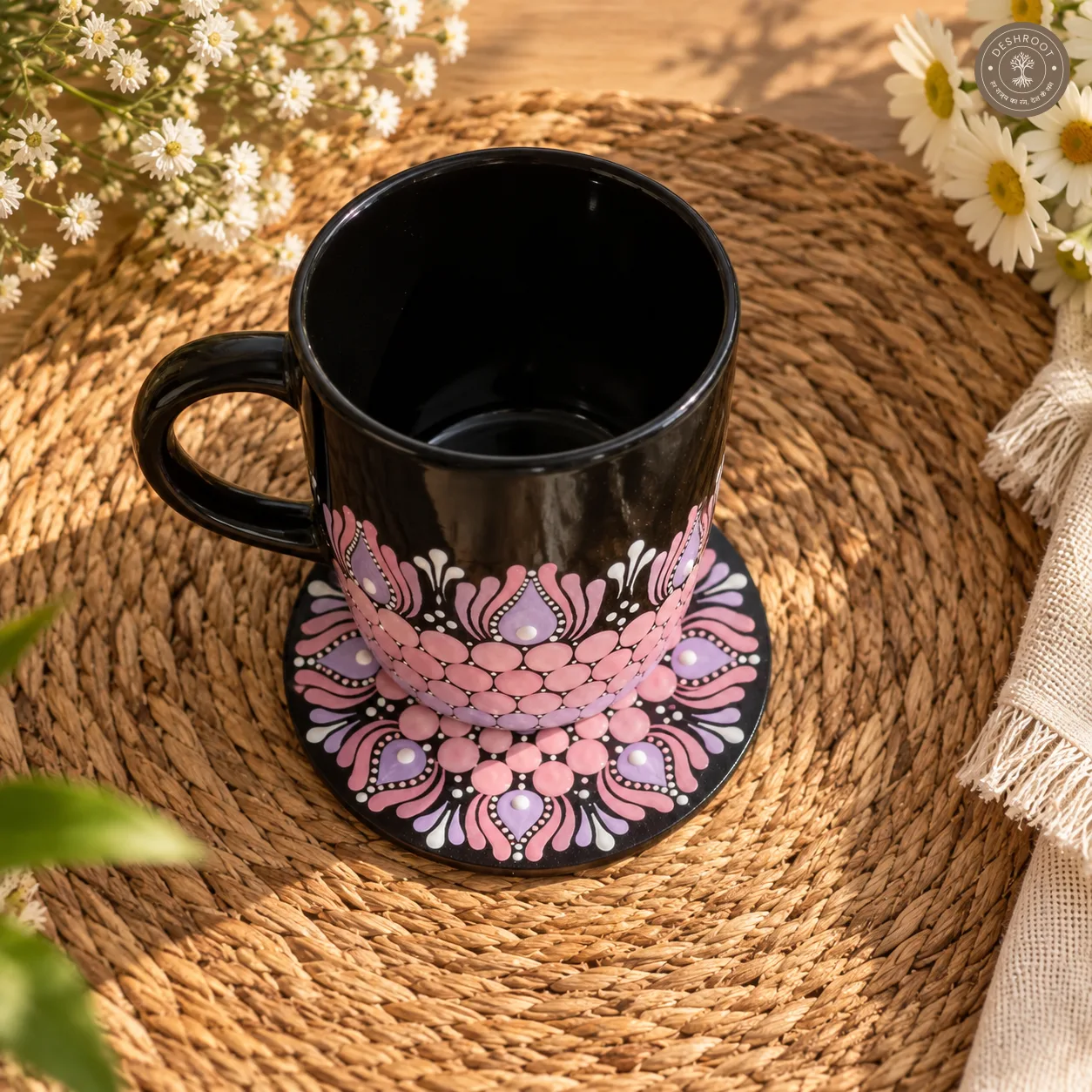 Blush Bloom Hand-Painted Mandala Mug & Coaster Set