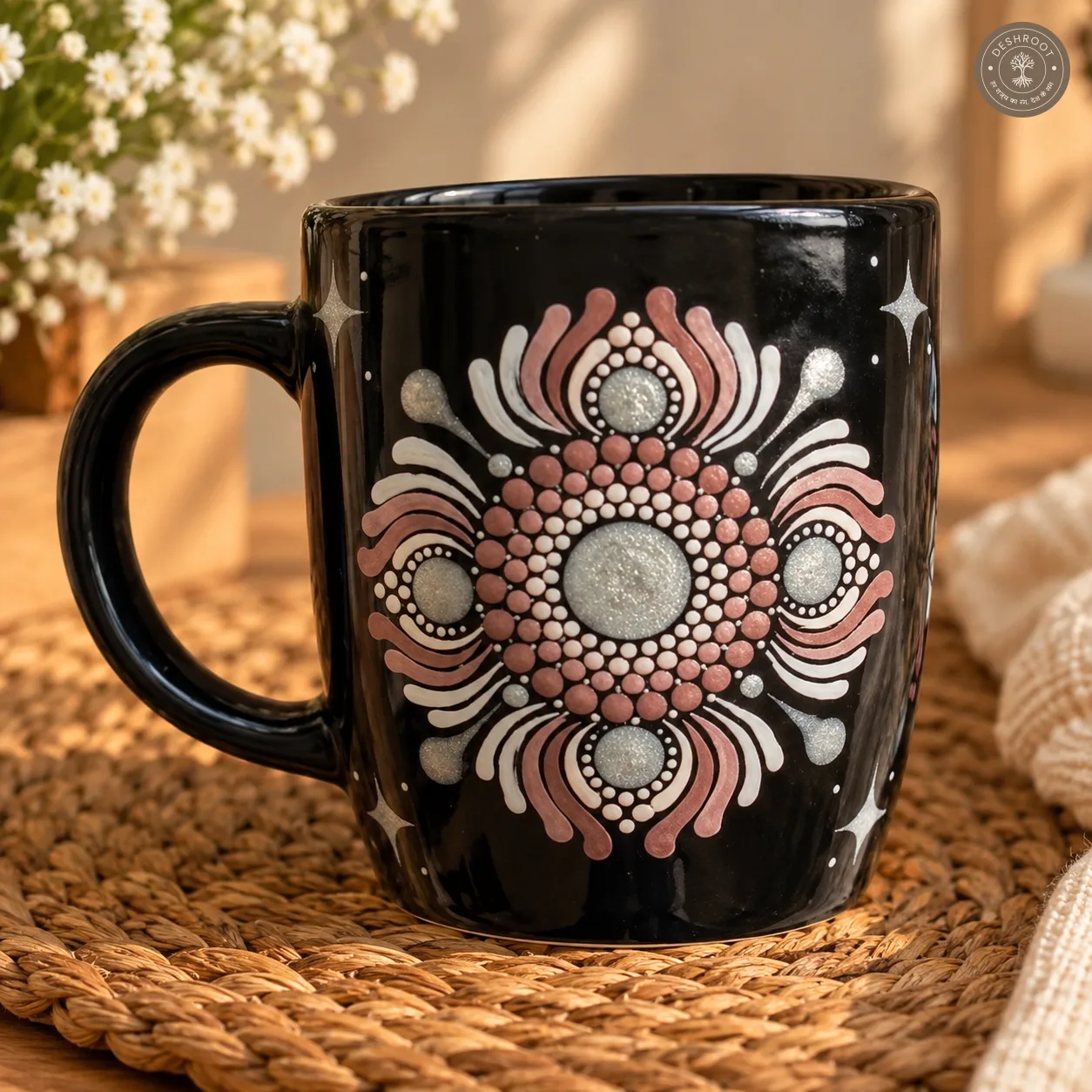 Sunlit Bloom Hand-Painted Mandala Mug & Coaster Set
