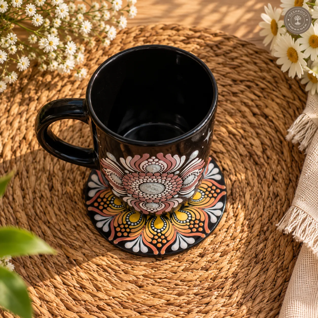 Sunlit Bloom Hand-Painted Mandala Mug & Coaster Set