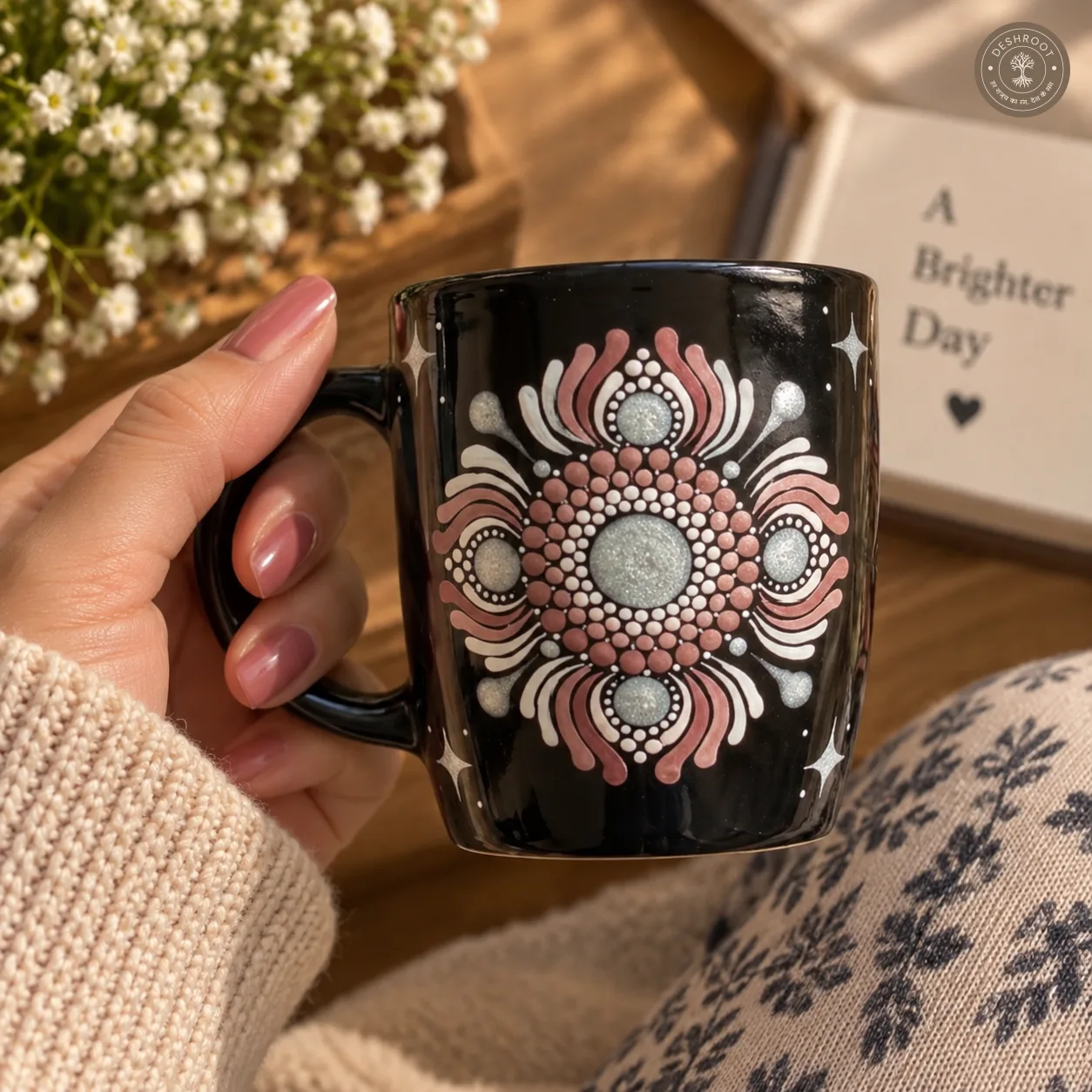 Sunlit Bloom Hand-Painted Mandala Mug & Coaster Set