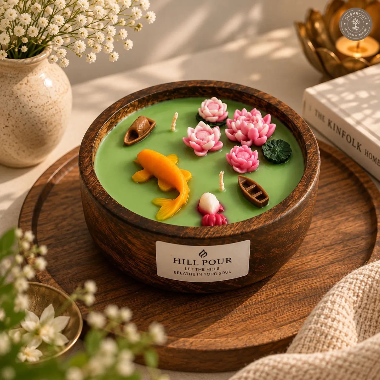 Hill Pour Lotus Pond Sandalwood Soy Wax Wooden Bowl Candle