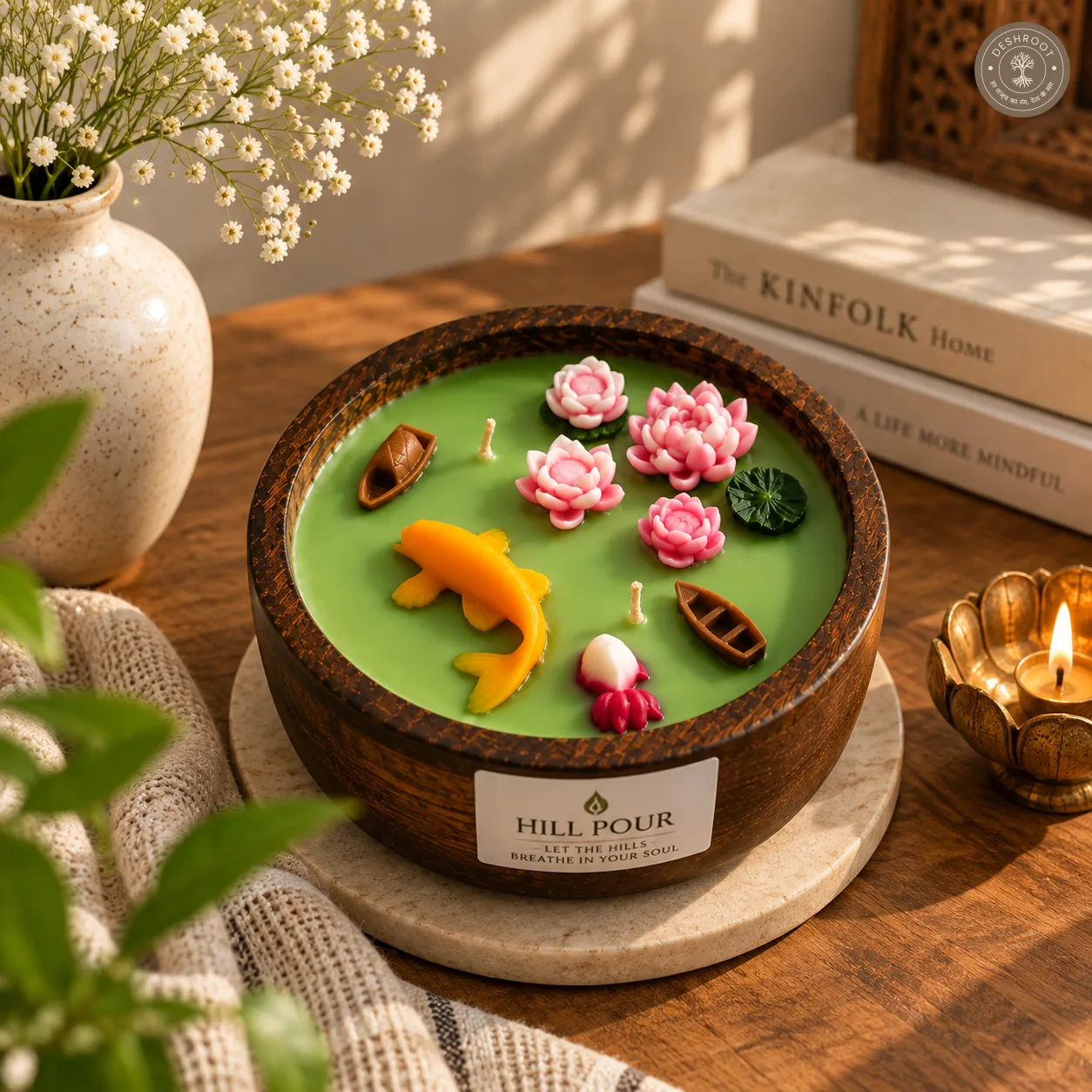 Hill Pour Lotus Pond Sandalwood Soy Wax Wooden Bowl Candle