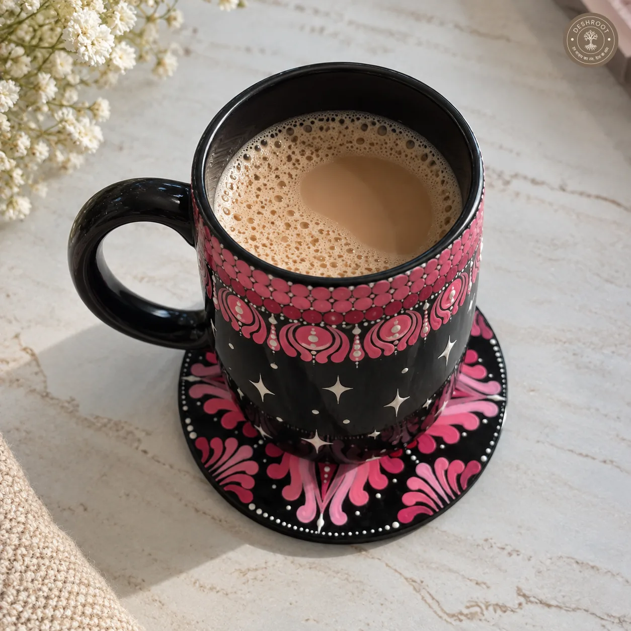 Rose Bloom Hand-Painted Mandala Mug & Coaster Set