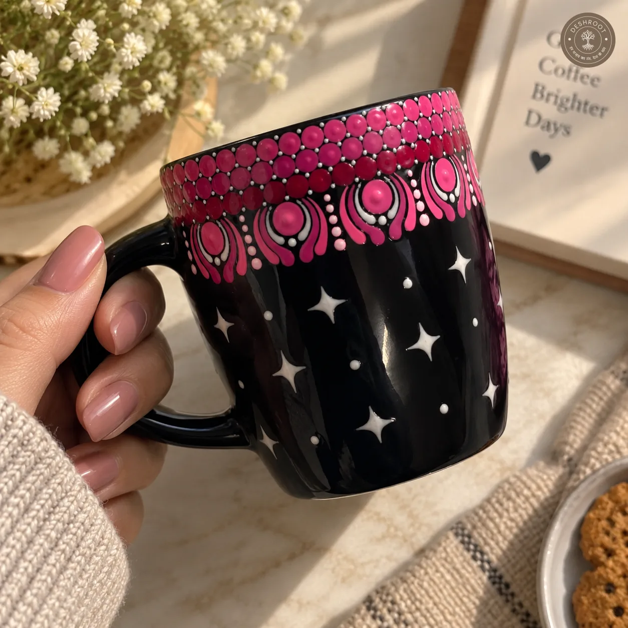 Rose Bloom Hand-Painted Mandala Mug & Coaster Set