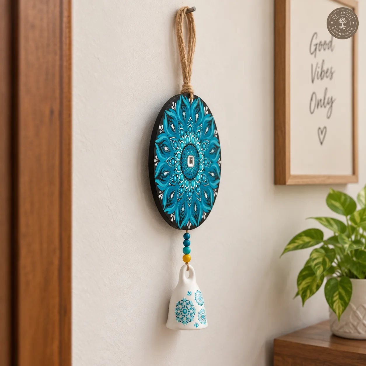 Aqua Bloom Hand-Painted Dot Mandala Bell Wall Hanging