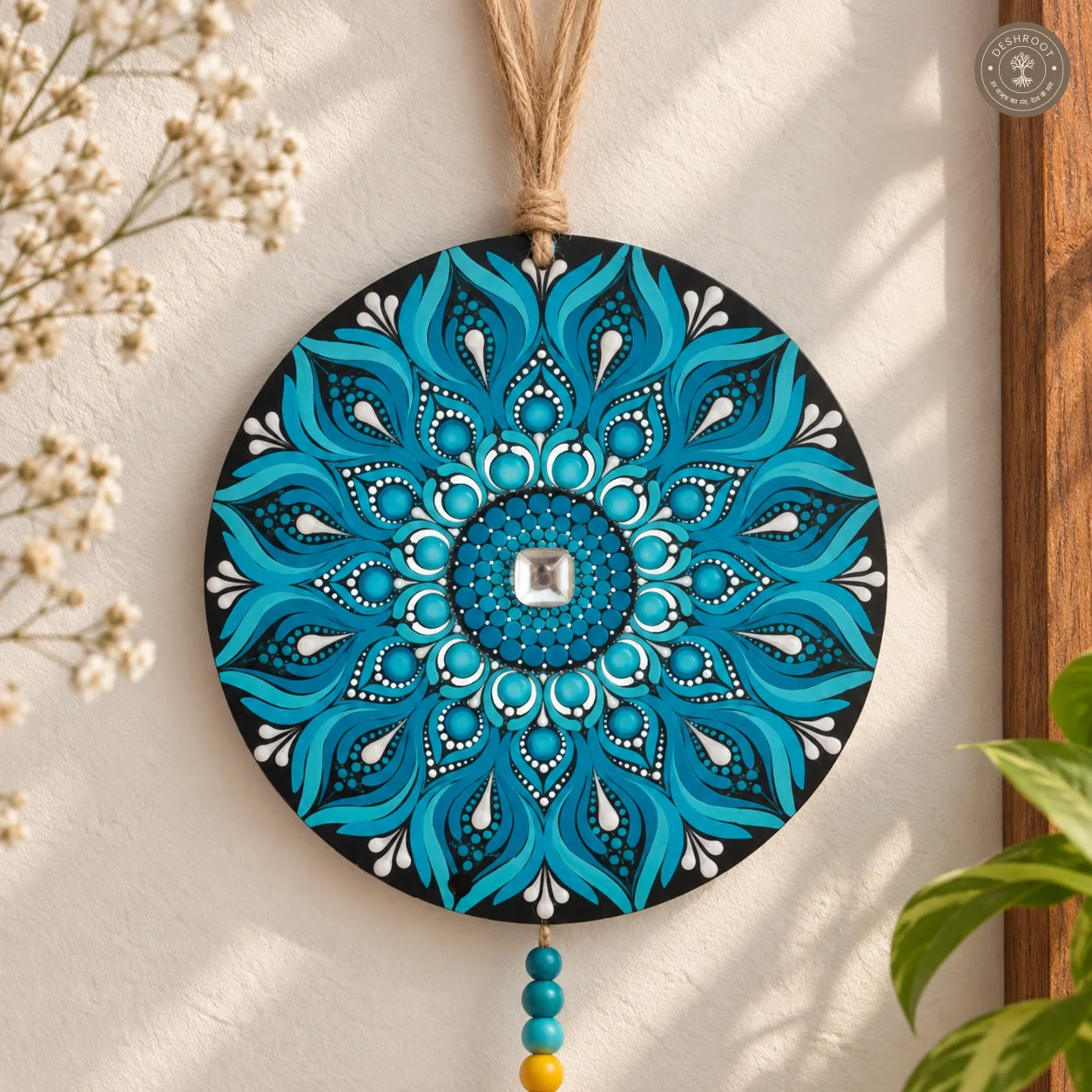 Aqua Bloom Hand-Painted Dot Mandala Bell Wall Hanging