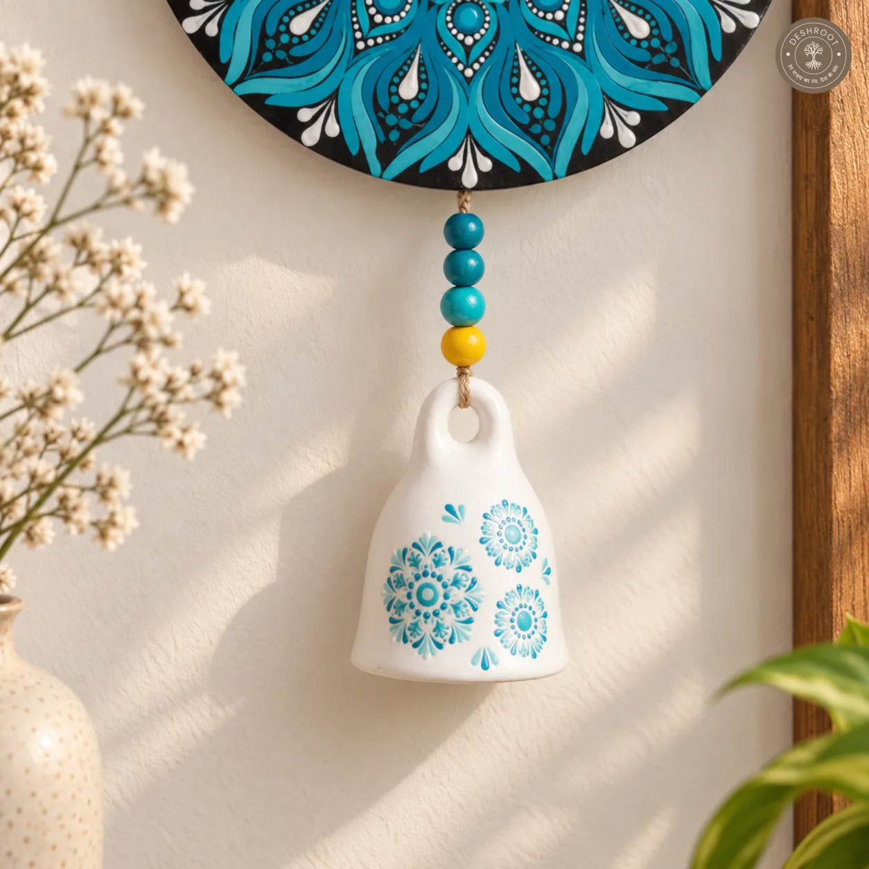 Aqua Bloom Hand-Painted Dot Mandala Bell Wall Hanging