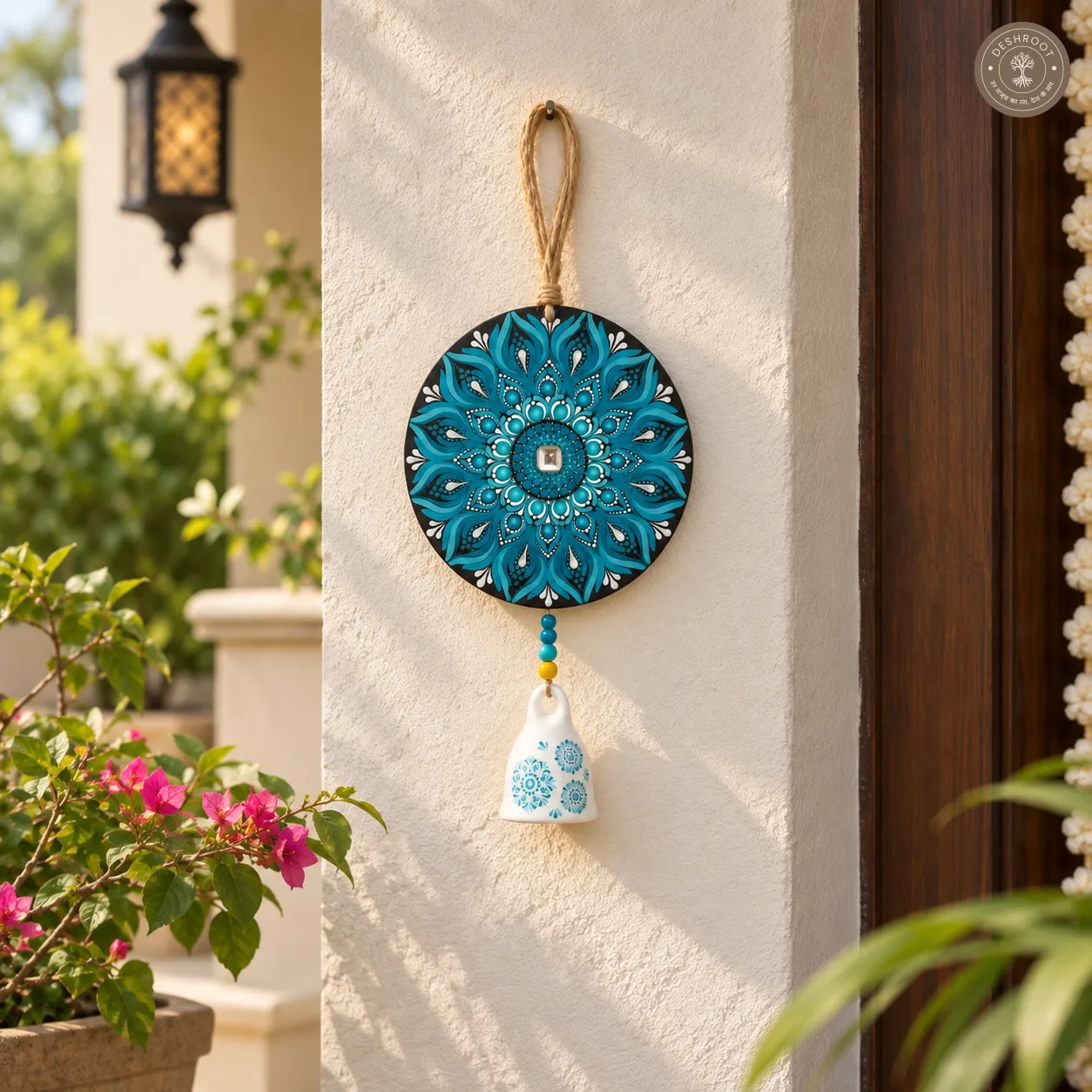 Aqua Bloom Hand-Painted Dot Mandala Bell Wall Hanging