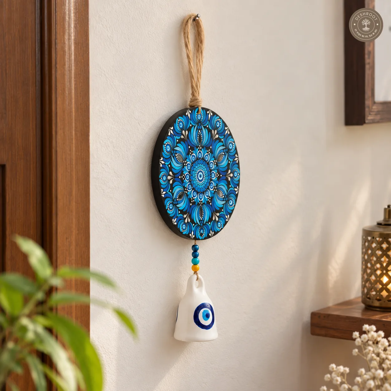 Azure Bloom Hand-Painted Dot Mandala Bell Wall Hanging