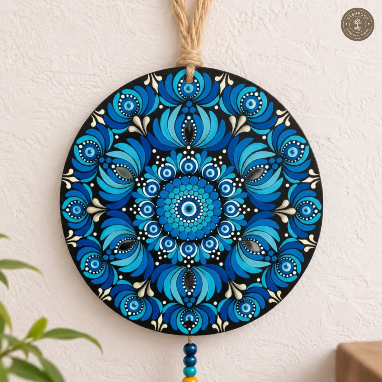 Azure Bloom Hand-Painted Dot Mandala Bell Wall Hanging