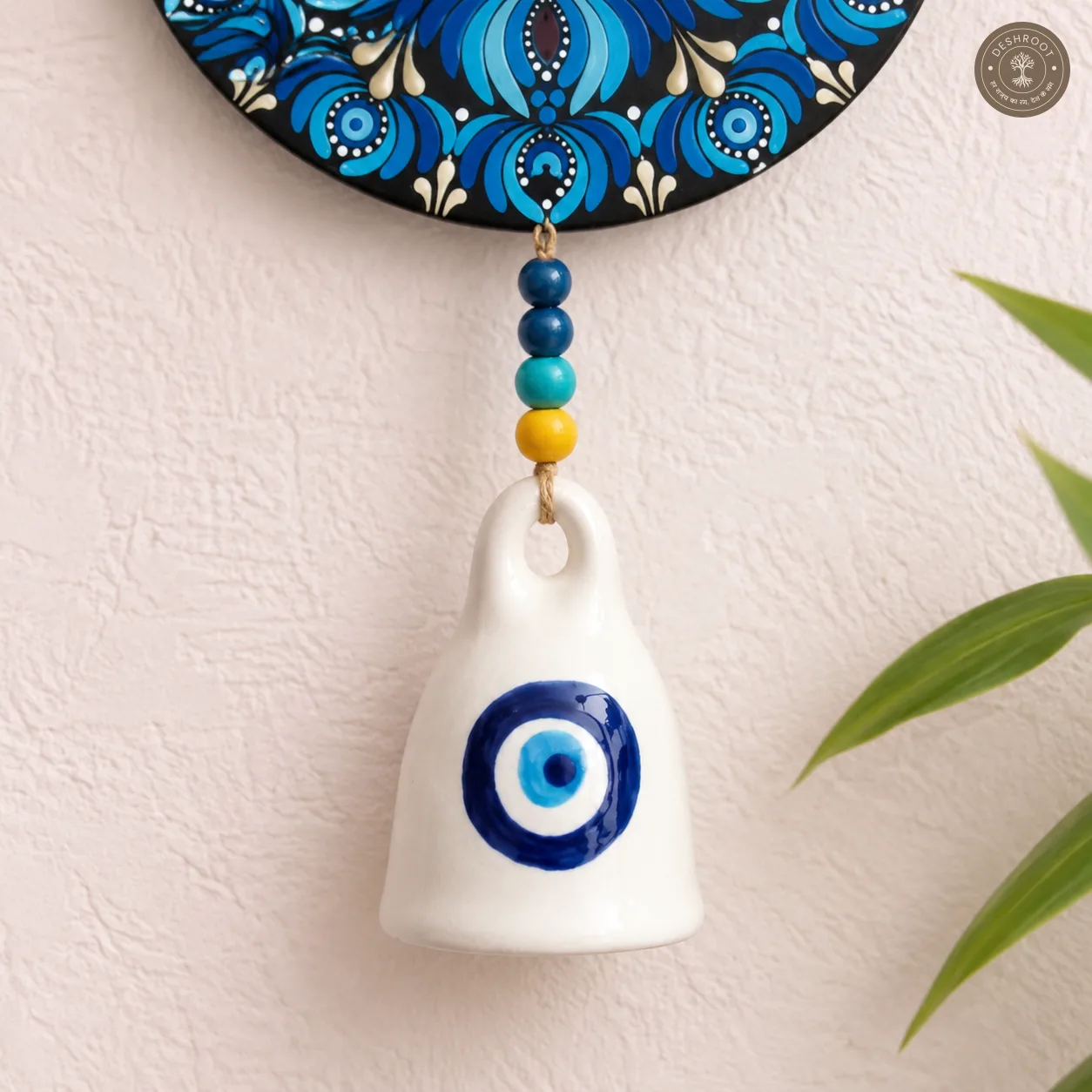 Azure Bloom Hand-Painted Dot Mandala Bell Wall Hanging