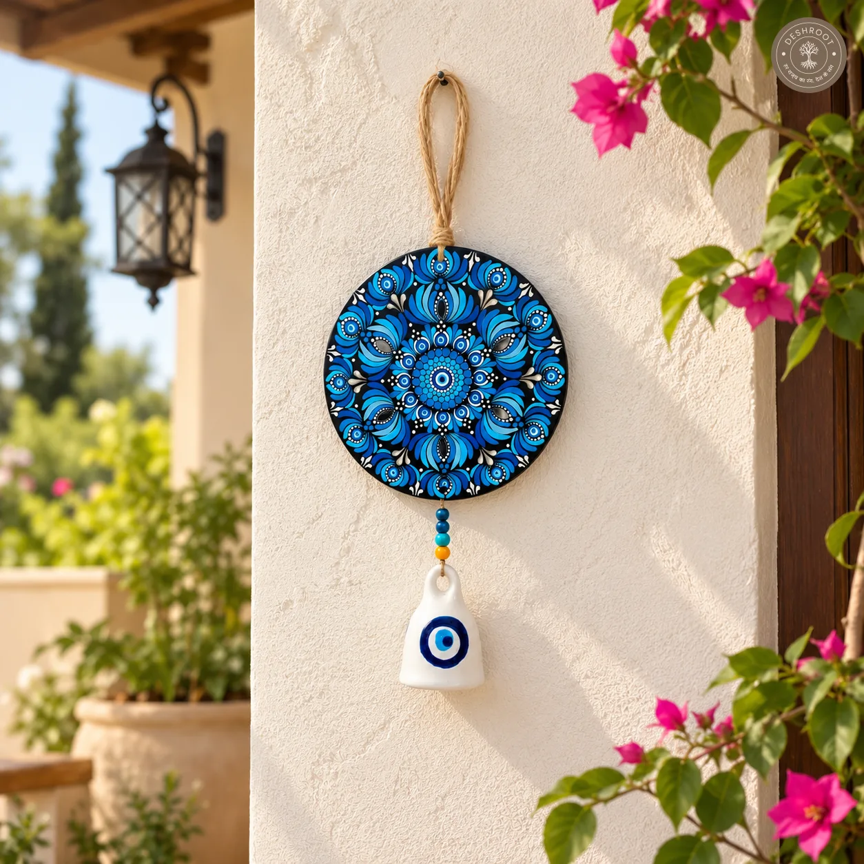 Azure Bloom Hand-Painted Dot Mandala Bell Wall Hanging