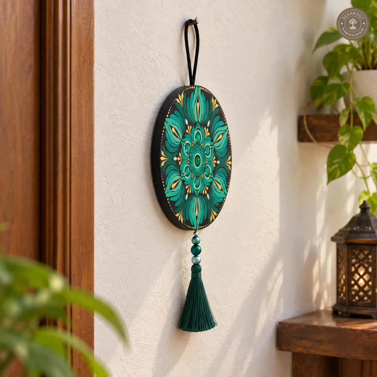 Emerald Bloom Hand-Painted Dot Mandala Tassel Wall Hanging