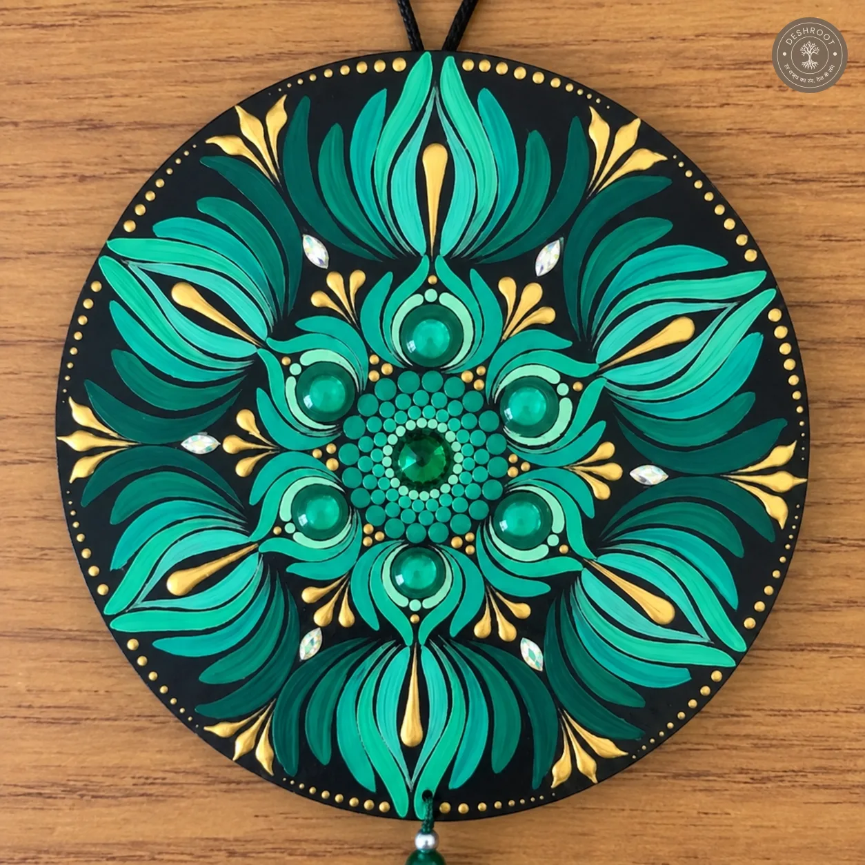 Emerald Bloom Hand-Painted Dot Mandala Tassel Wall Hanging