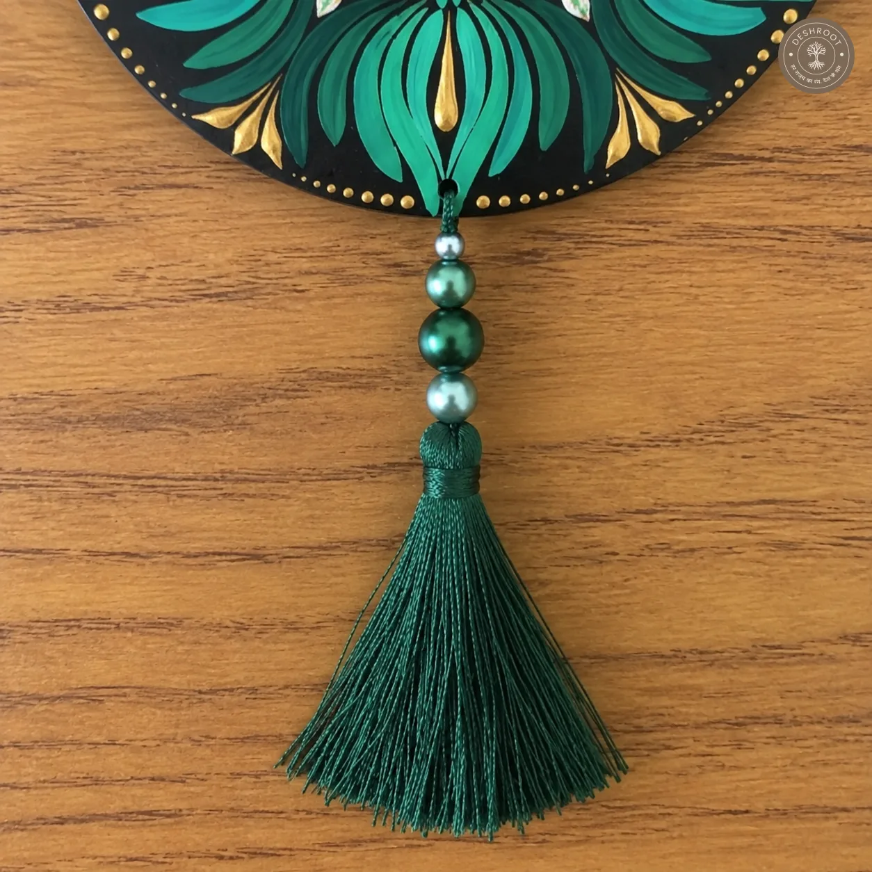 Emerald Bloom Hand-Painted Dot Mandala Tassel Wall Hanging