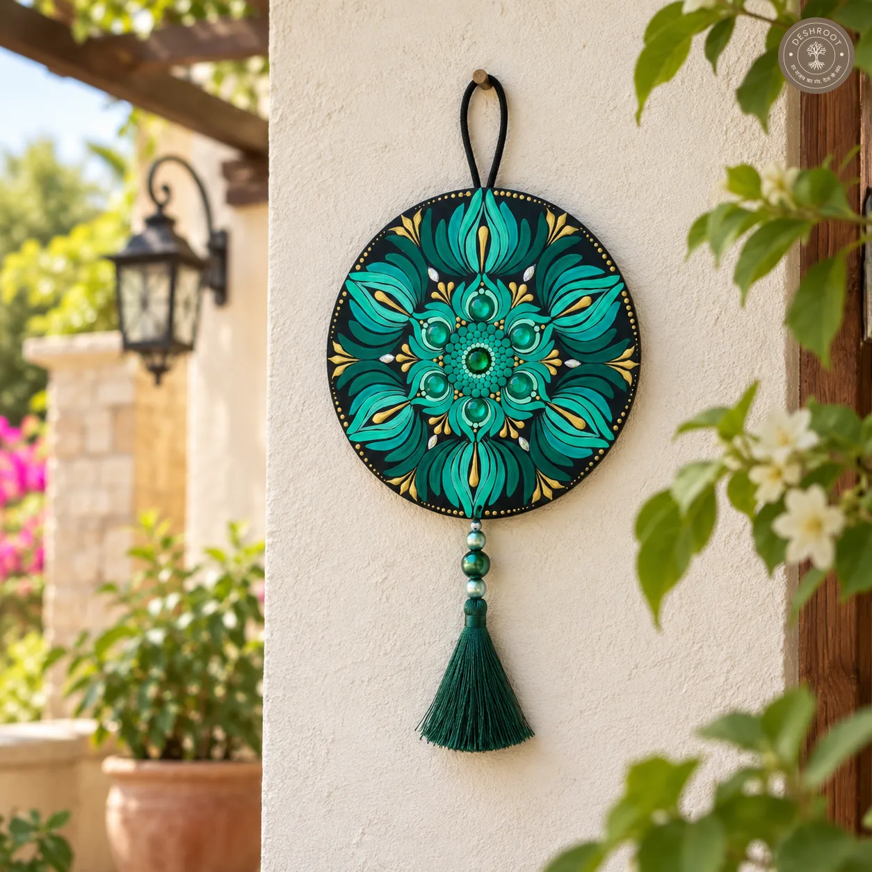 Emerald Bloom Hand-Painted Dot Mandala Tassel Wall Hanging