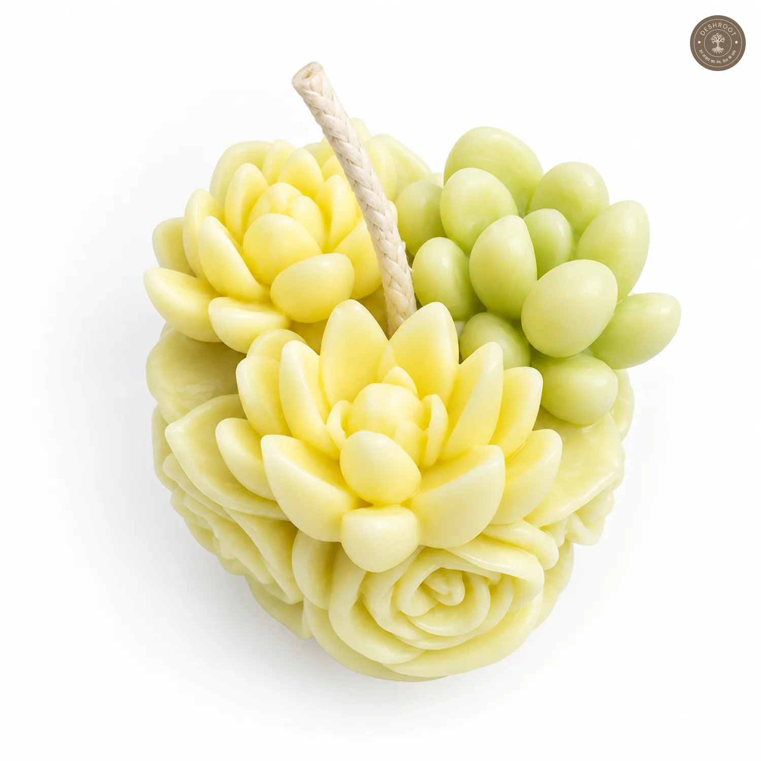 Handcrafted Lemon Floral Succulent-Style Candle with Sculpted Roses