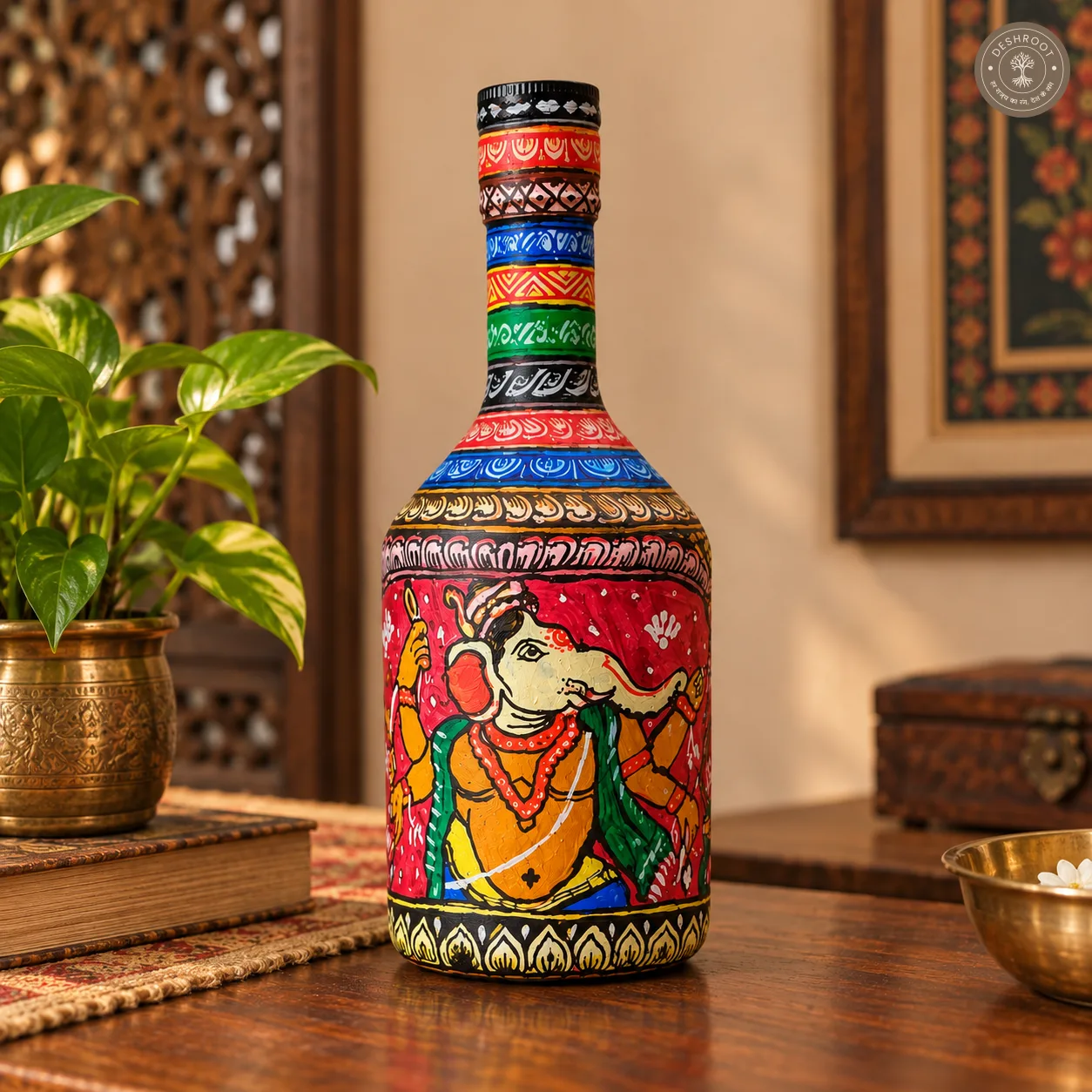 Glass bottle handmade ganesh panting