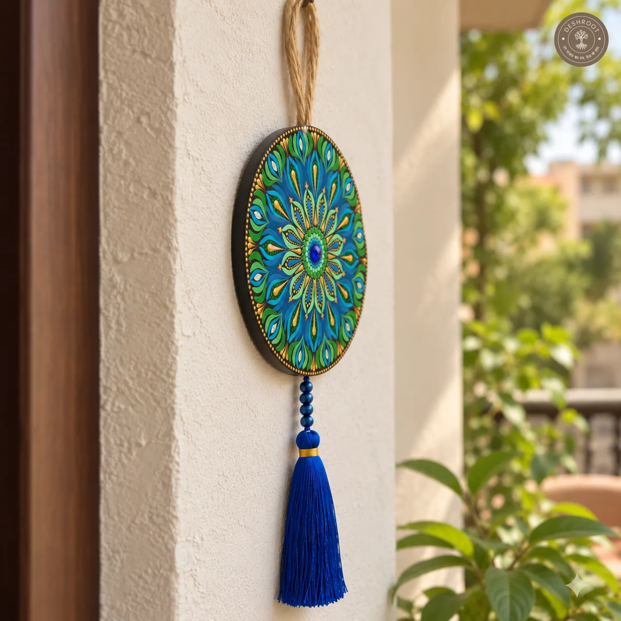 Blue Meadow Hand-Painted Mandala Tassel Wall Hanging