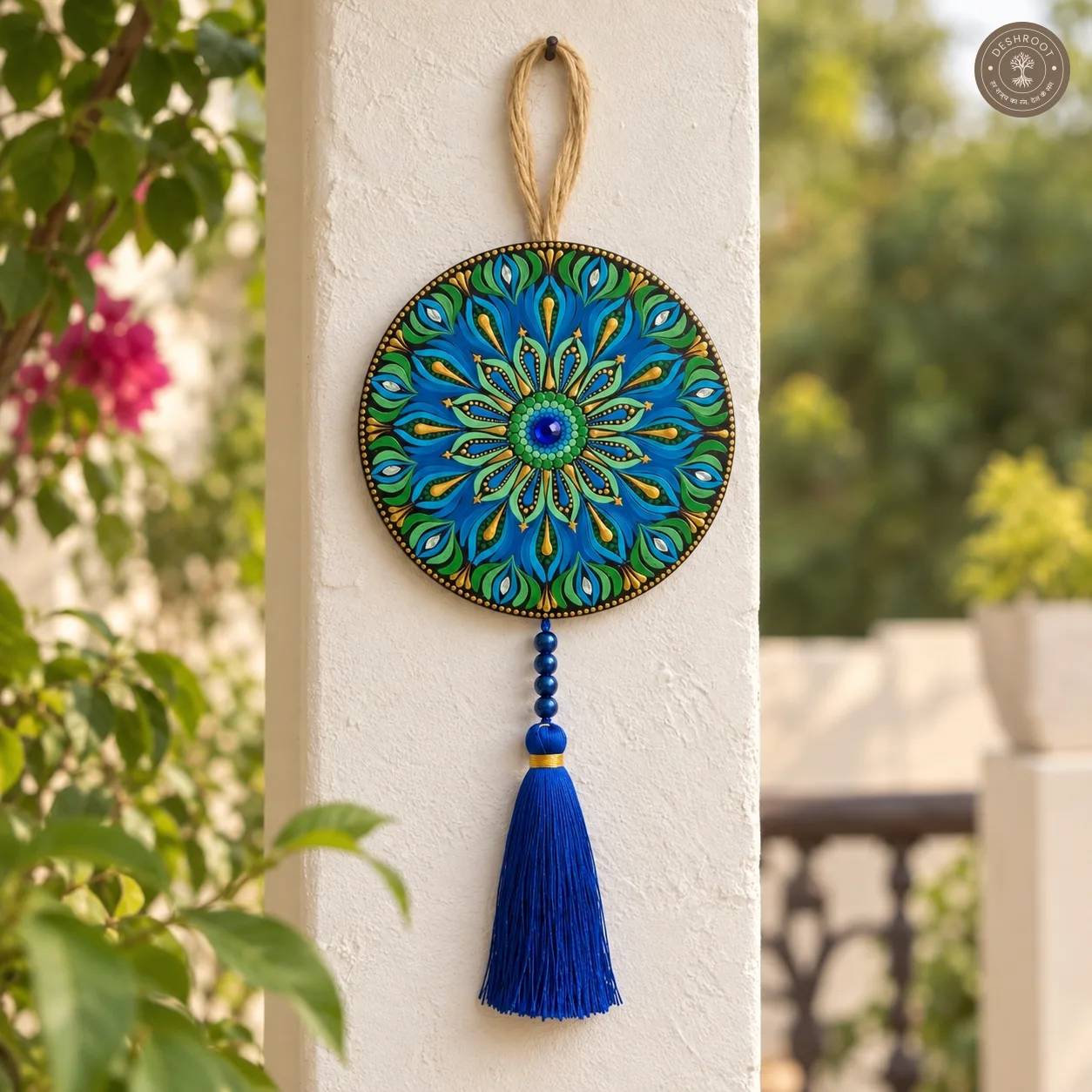 Blue Meadow Hand-Painted Mandala Tassel Wall Hanging
