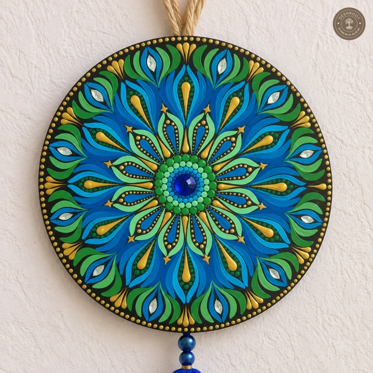 Blue Meadow Hand-Painted Mandala Tassel Wall Hanging