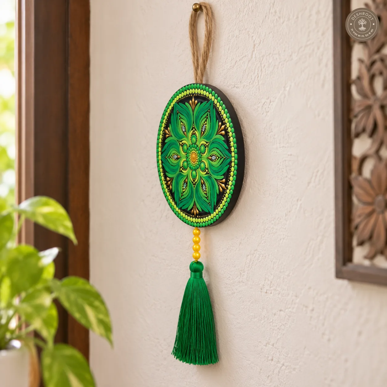 Verdant Lotus Handcrafted Dot Mandala Tassel Wall Hanging