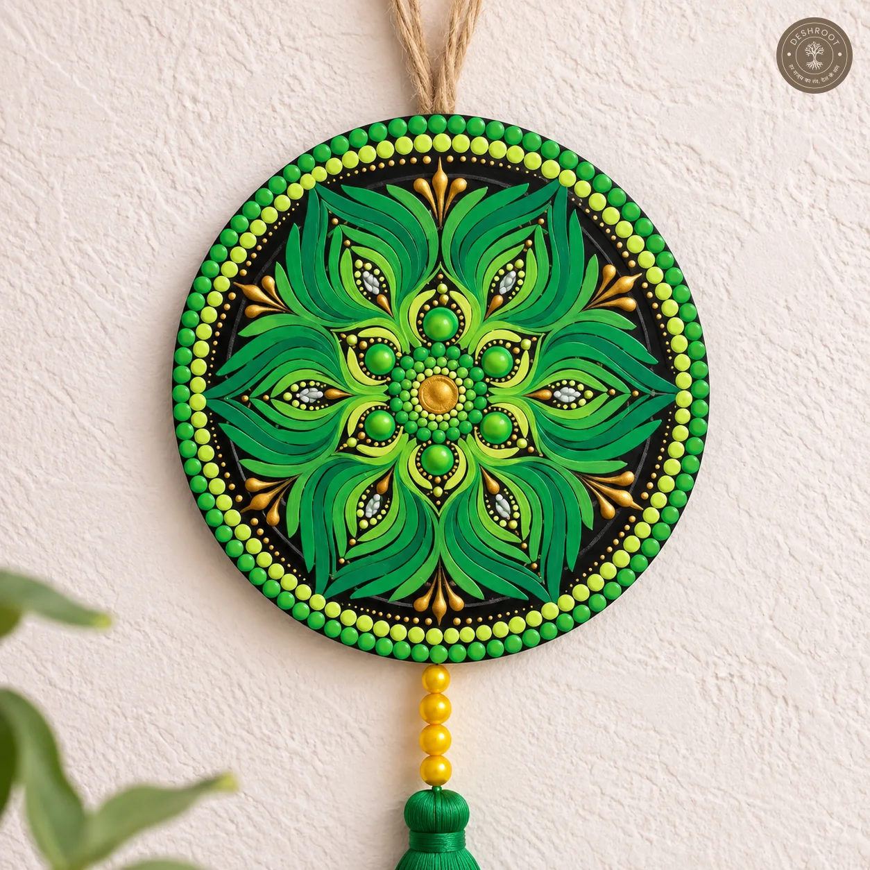 Verdant Lotus Handcrafted Dot Mandala Tassel Wall Hanging