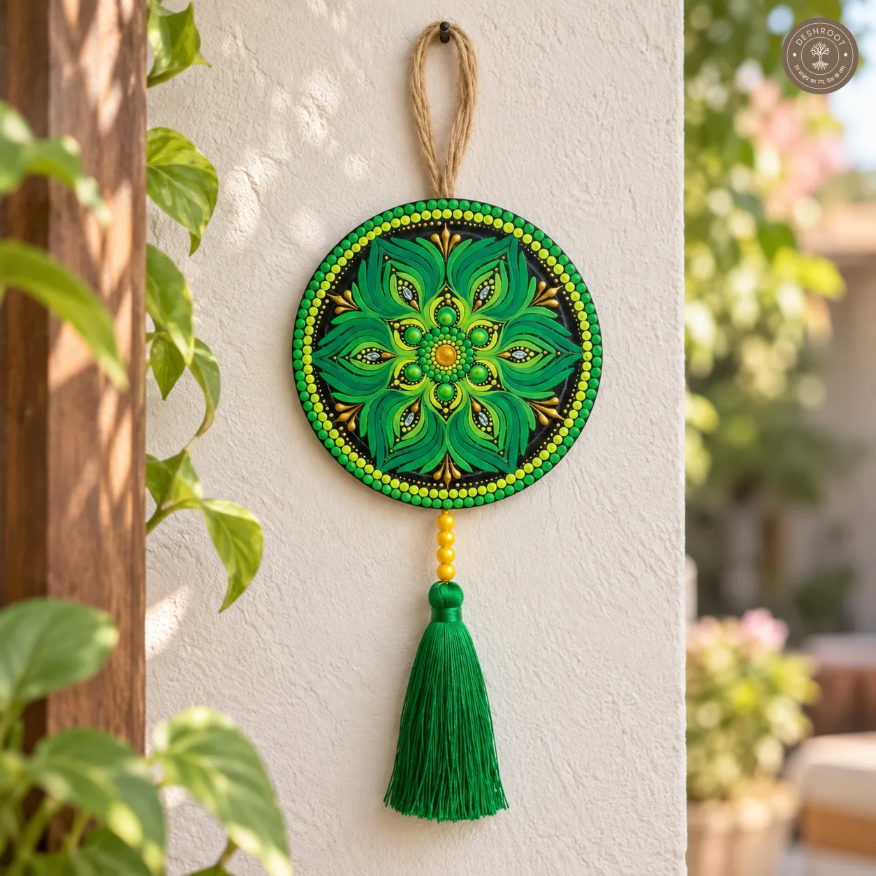 Verdant Lotus Handcrafted Dot Mandala Tassel Wall Hanging