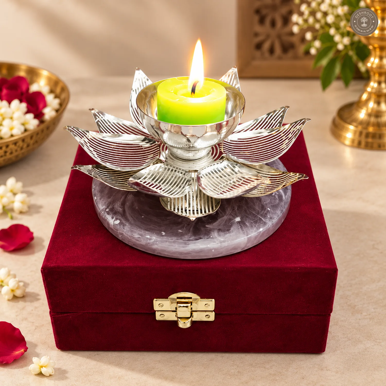 Silver Finish Steel Lotus Tea Light Holder with Resin Base