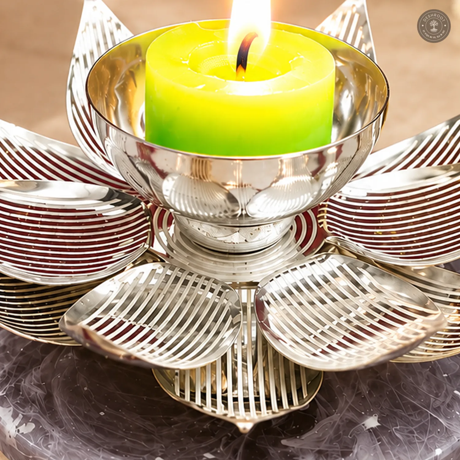 Silver Finish Steel Lotus Tea Light Holder with Resin Base