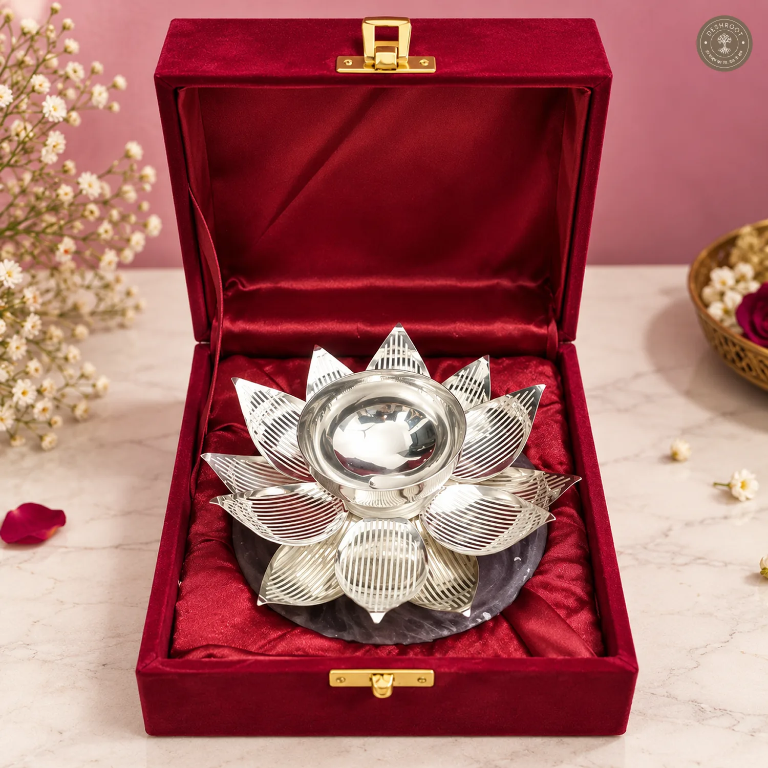 Silver Finish Steel Lotus Tea Light Holder with Resin Base