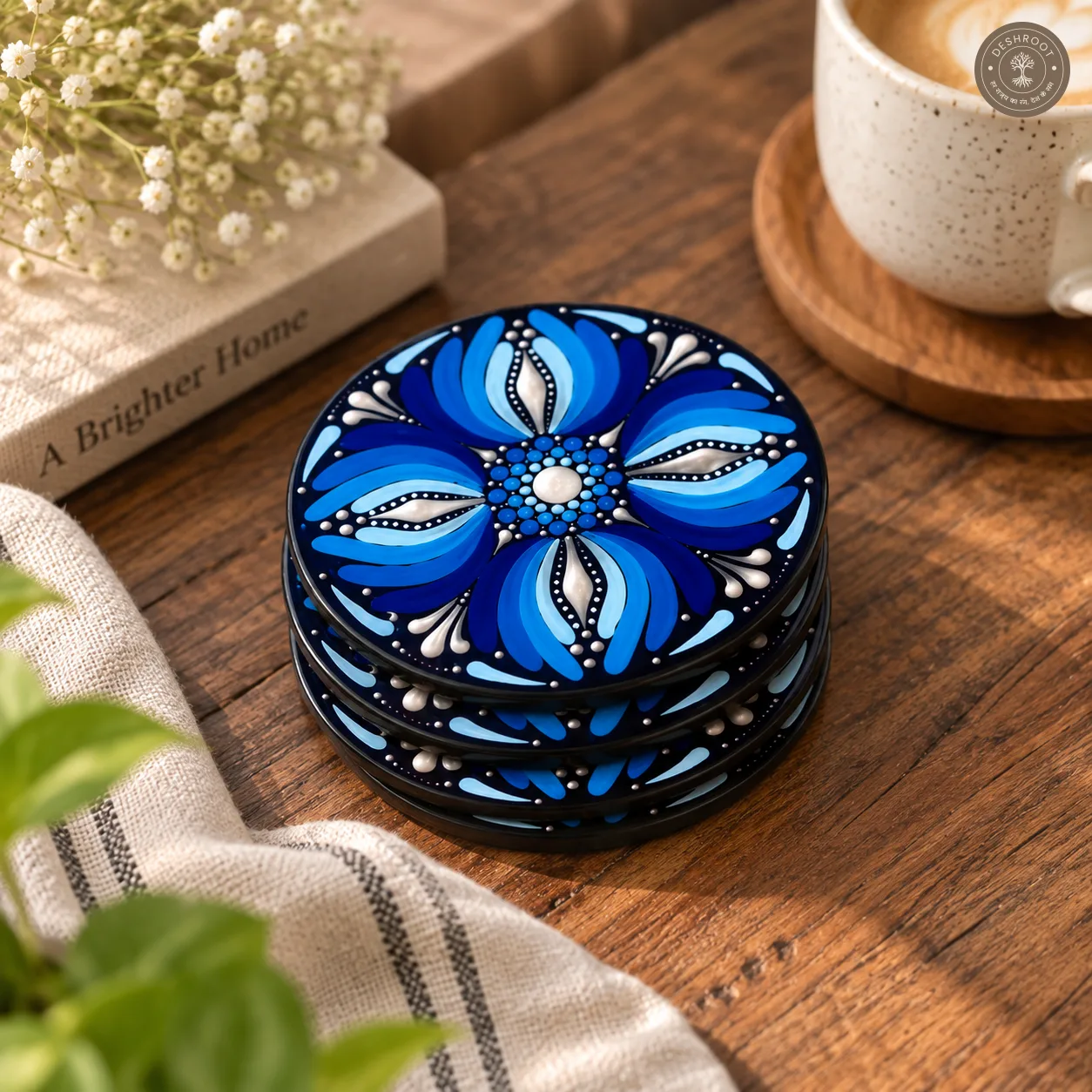 Midnight Sapphire Bloom Hand Painted Resin Dot Mandala Coasters - Set of 4