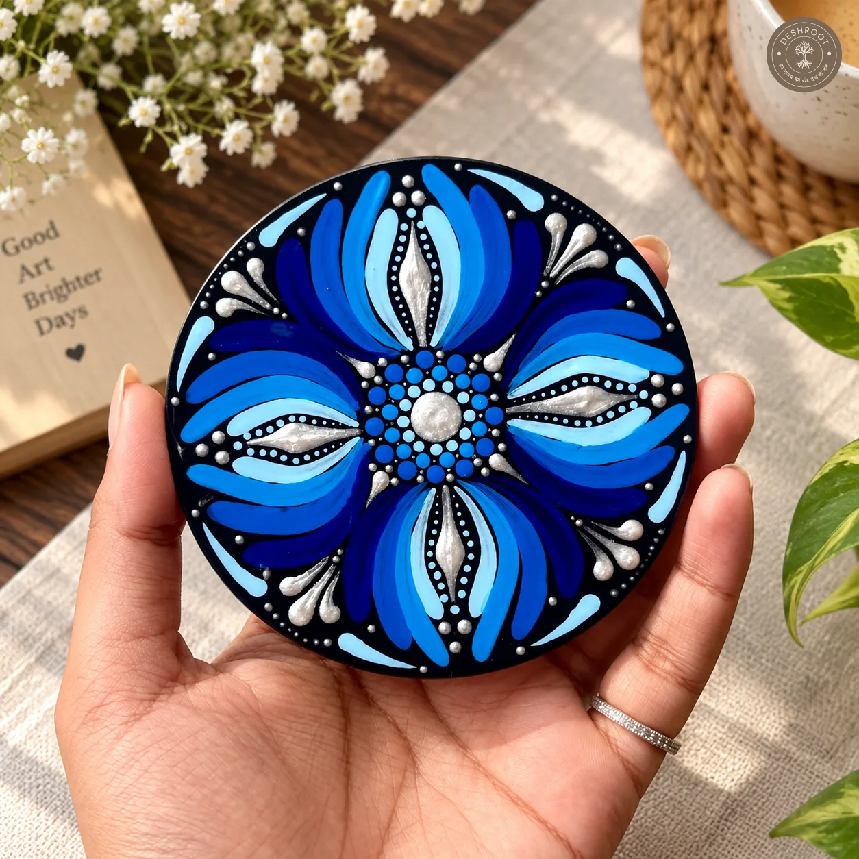 Midnight Sapphire Bloom Hand Painted Resin Dot Mandala Coasters - Set of 4