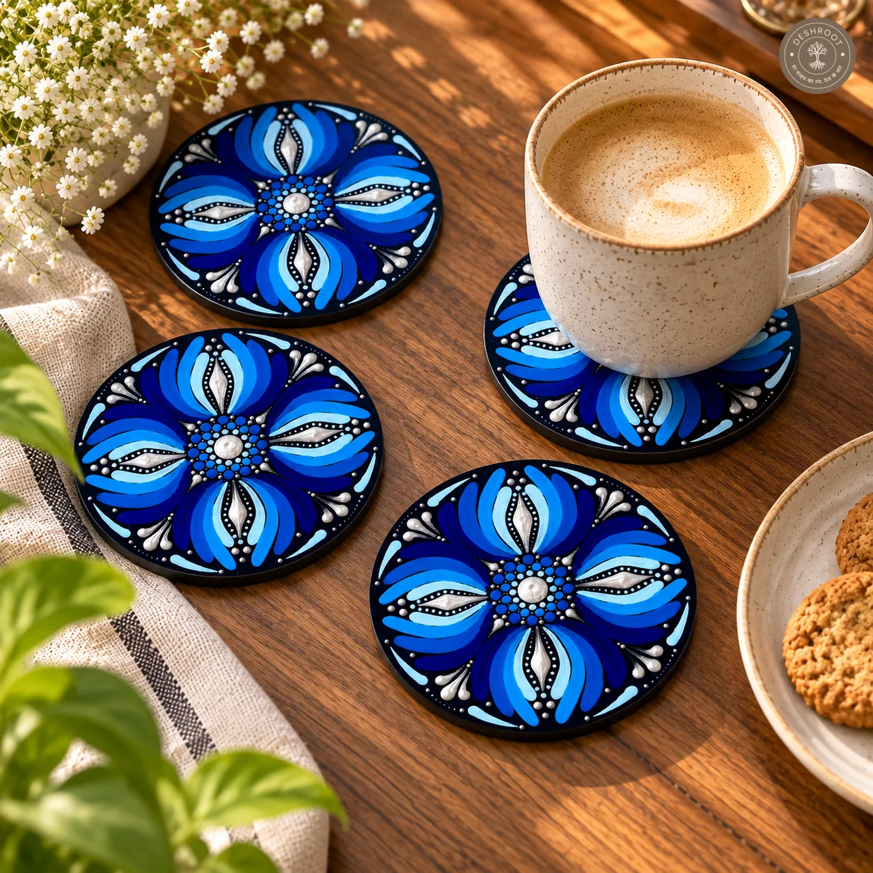 Midnight Sapphire Bloom Hand Painted Resin Dot Mandala Coasters - Set of 4